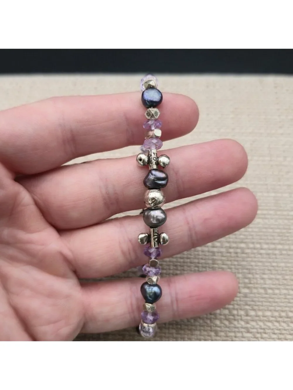 7.5 Inch Sterling Silver Black Pearl Amethyst Bead Rope Toggle Bracelet A8160